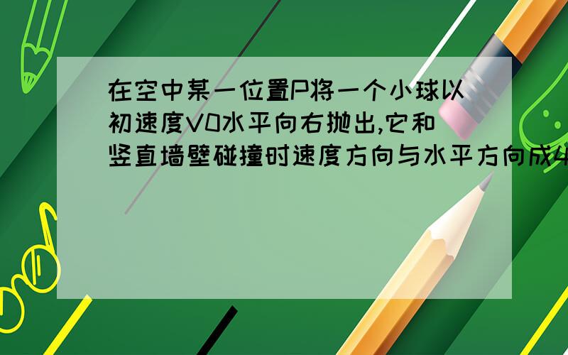 在空中某一位置P将一个小球以初速度V0水平向右抛出,它和竖直墙壁碰撞时速度方向与水平方向成45°角,若将