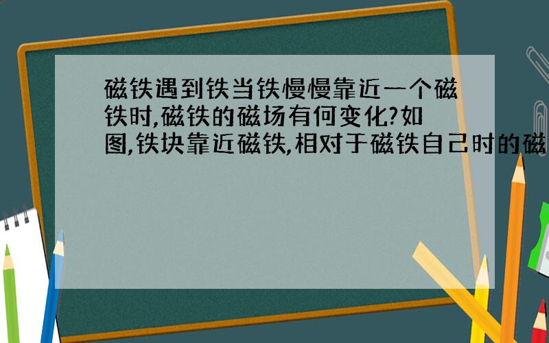 磁铁遇到铁当铁慢慢靠近一个磁铁时,磁铁的磁场有何变化?如图,铁块靠近磁铁,相对于磁铁自己时的磁场,会有什么变化呢,会不会