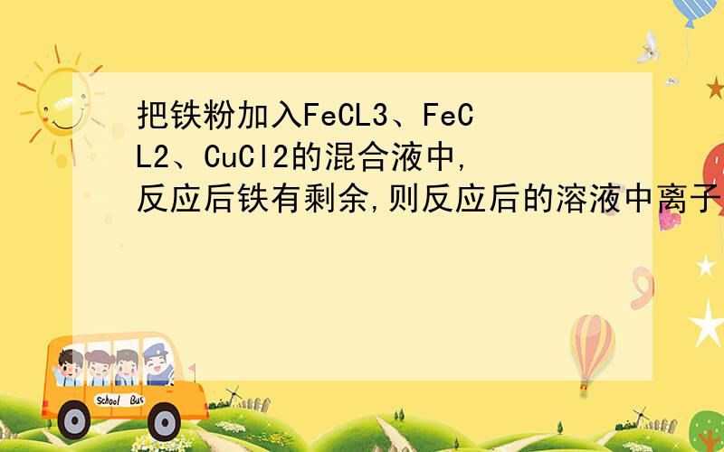 把铁粉加入FeCL3、FeCL2、CuCl2的混合液中,反应后铁有剩余,则反应后的溶液中离子浓度最大的是