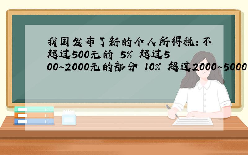 我国发布了新的个人所得税：不超过500元的 5% 超过500~2000元的部分 10% 超过2000~5000元部分 1