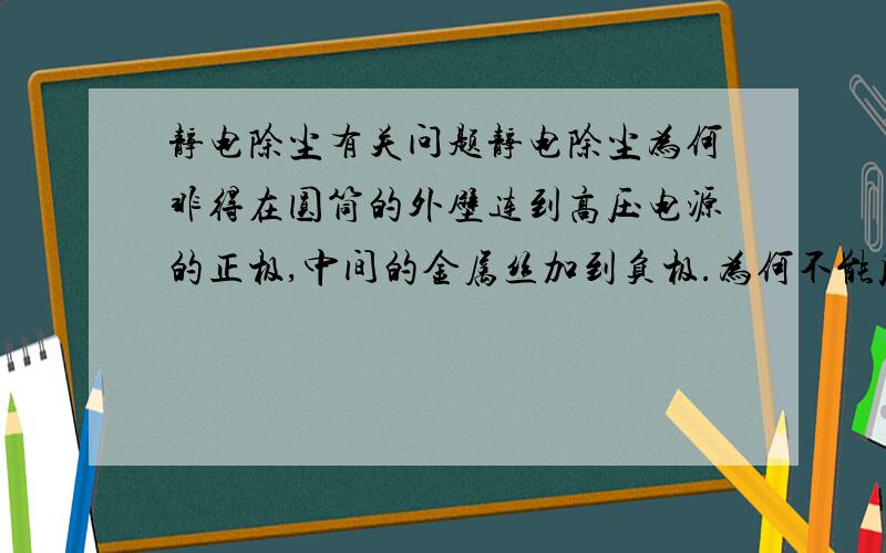 静电除尘有关问题静电除尘为何非得在圆筒的外壁连到高压电源的正极,中间的金属丝加到负极.为何不能反过来,让中间的连到正级,