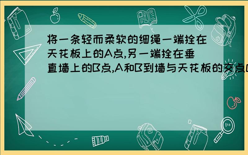 将一条轻而柔软的细绳一端拴在天花板上的A点,另一端拴在垂直墙上的B点,A和B到墙与天花板的交点O距离相同,绳长是OA的两