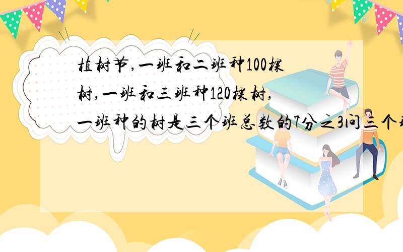 植树节,一班和二班种100棵树,一班和三班种120棵树,一班种的树是三个班总数的7分之3问三个班总共种多少