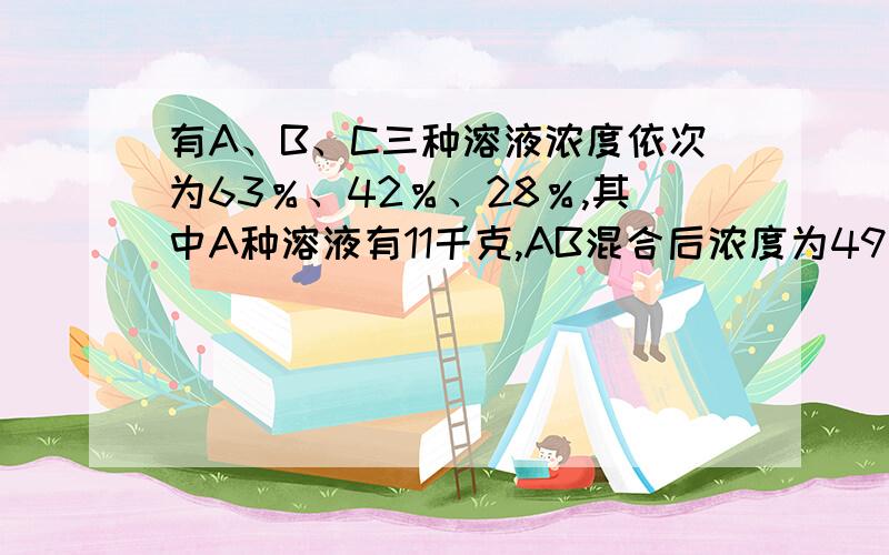 有A、B、C三种溶液浓度依次为63％、42％、28％,其中A种溶液有11千克,AB混合后浓度为49％,ABC三种混合后浓