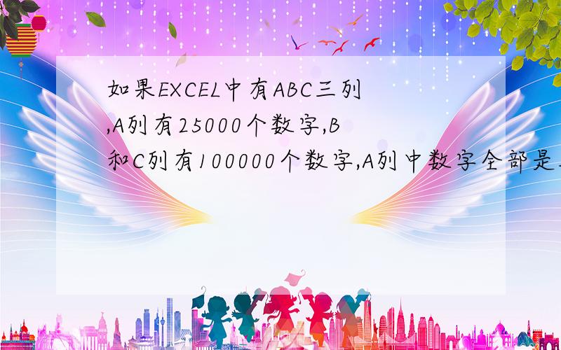 如果EXCEL中有ABC三列,A列有25000个数字,B和C列有100000个数字,A列中数字全部是从B列中出来的,怎么