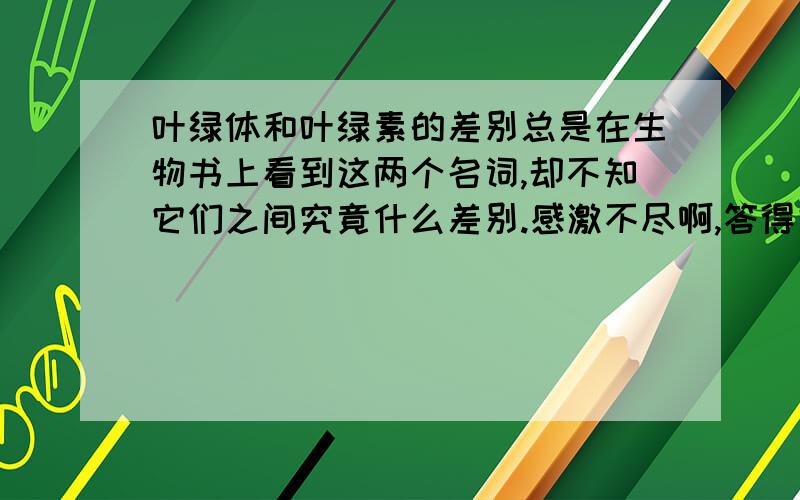 叶绿体和叶绿素的差别总是在生物书上看到这两个名词,却不知它们之间究竟什么差别.感激不尽啊,答得好的我给追加!en ```