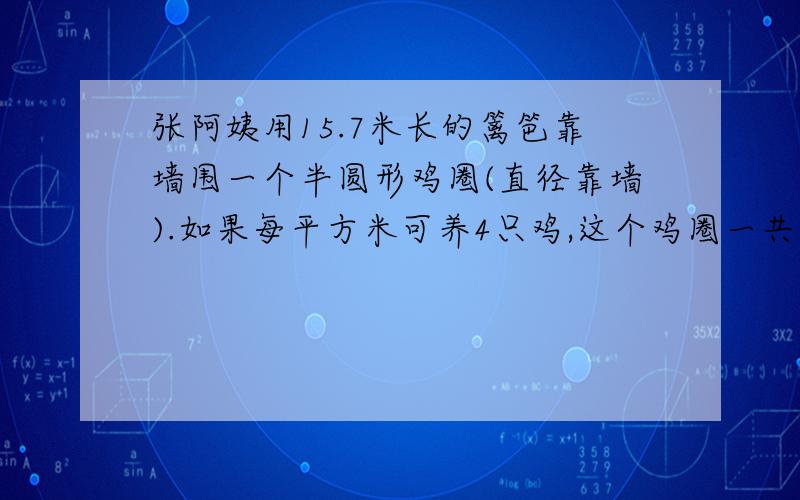 张阿姨用15.7米长的篱笆靠墙围一个半圆形鸡圈(直径靠墙).如果每平方米可养4只鸡,这个鸡圈一共能养几只鸡?