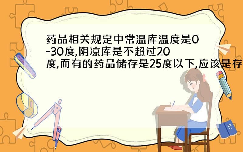 药品相关规定中常温库温度是0-30度,阴凉库是不超过20度,而有的药品储存是25度以下,应该是存放在哪个库?