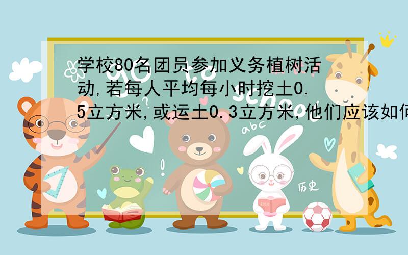 学校80名团员参加义务植树活动,若每人平均每小时挖土0.5立方米,或运土0.3立方米,他们应该如何分配人力