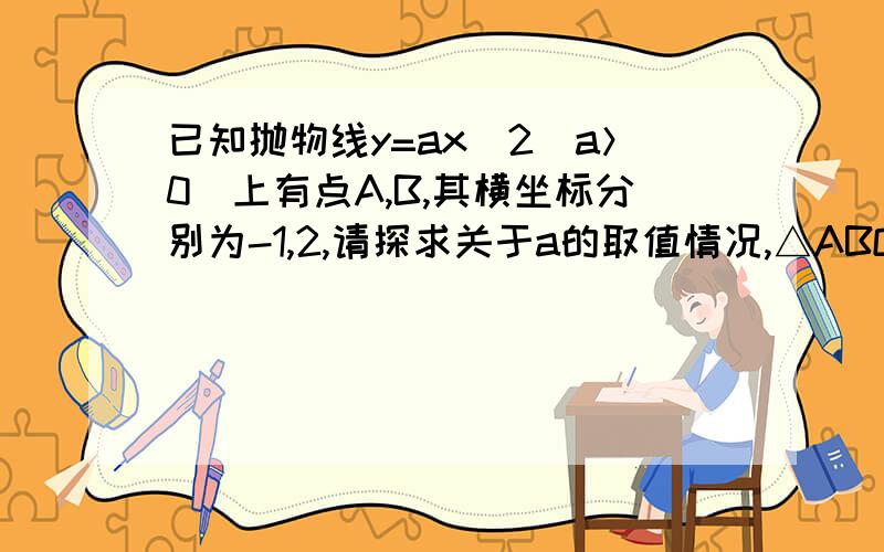 已知抛物线y=ax^2(a＞0）上有点A,B,其横坐标分别为-1,2,请探求关于a的取值情况,△ABO可能是直角三角形吗