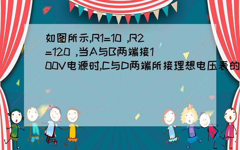 如图所示,R1=10 ,R2=120 ,当A与B两端接100V电源时,C与D两端所接理想电压表的读数为80V,则电阻R=