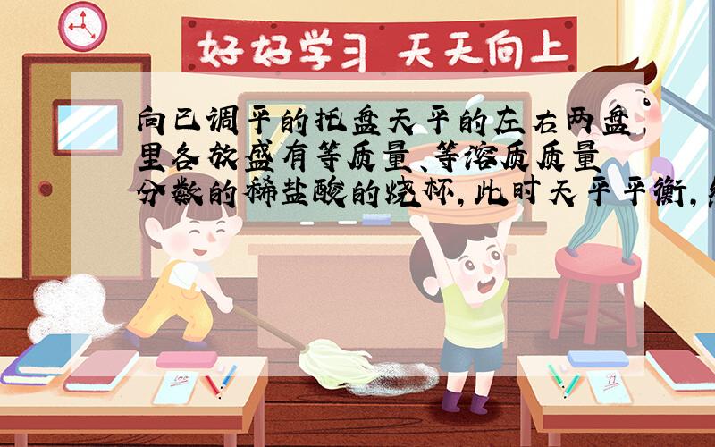 向已调平的托盘天平的左右两盘里各放盛有等质量、等溶质质量分数的稀盐酸的烧杯，此时天平平衡，然后向右盘的烧杯中放入一定质量