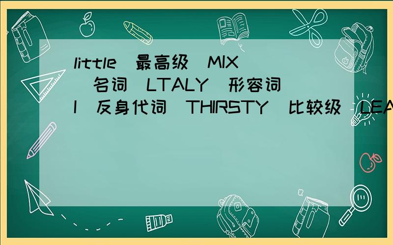 little(最高级）MIX（名词）LTALY(形容词）I(反身代词）THIRSTY(比较级）LEAF(形容词）DIFF