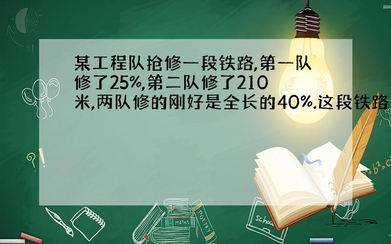 某工程队抢修一段铁路,第一队修了25%,第二队修了210米,两队修的刚好是全长的40%.这段铁路长多少米?