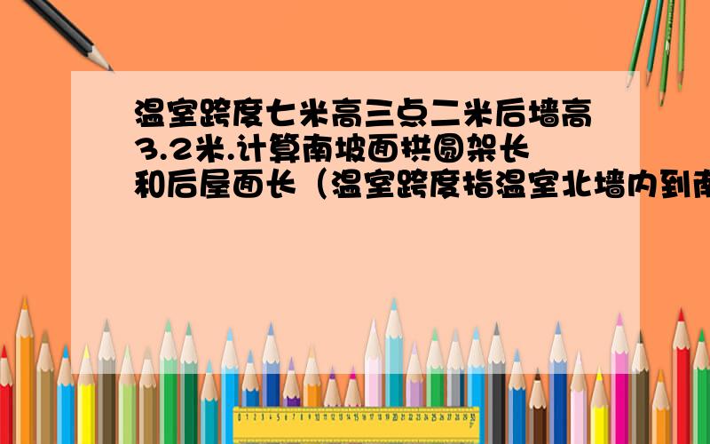 温室跨度七米高三点二米后墙高3.2米.计算南坡面拱圆架长和后屋面长（温室跨度指温室北墙内到南底角距离）