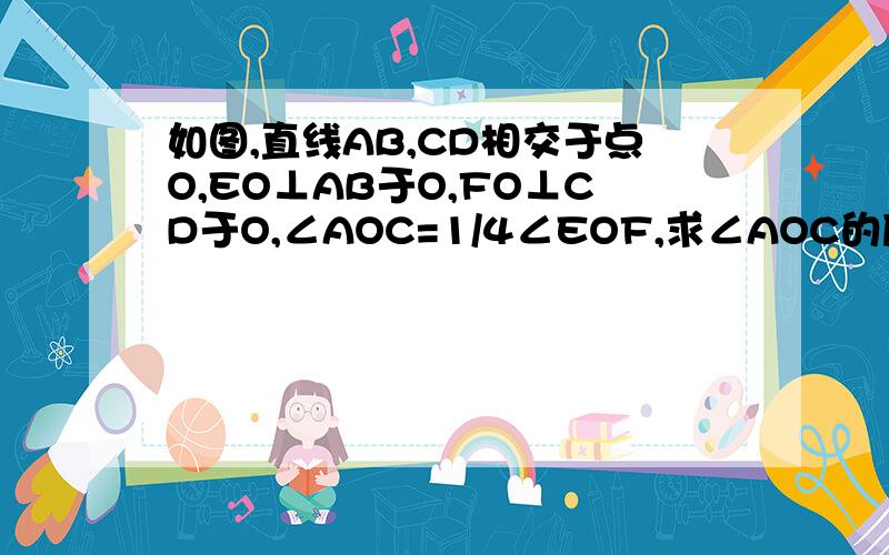 如图,直线AB,CD相交于点O,EO⊥AB于O,FO⊥CD于O,∠AOC=1/4∠EOF,求∠AOC的度数