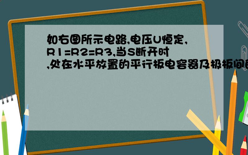 如右图所示电路,电压U恒定,R1=R2=R3,当S断开时,处在水平放置的平行板电容器及极板间的微粒恰好处于平衡