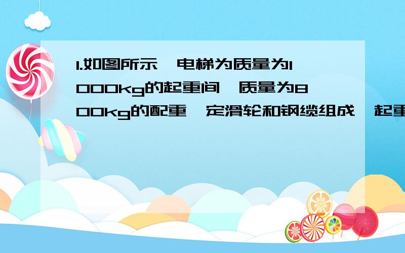 1.如图所示,电梯为质量为1000kg的起重间、质量为800kg的配重、定滑轮和钢缆组成,起重间和配重分别系在一根绕过定