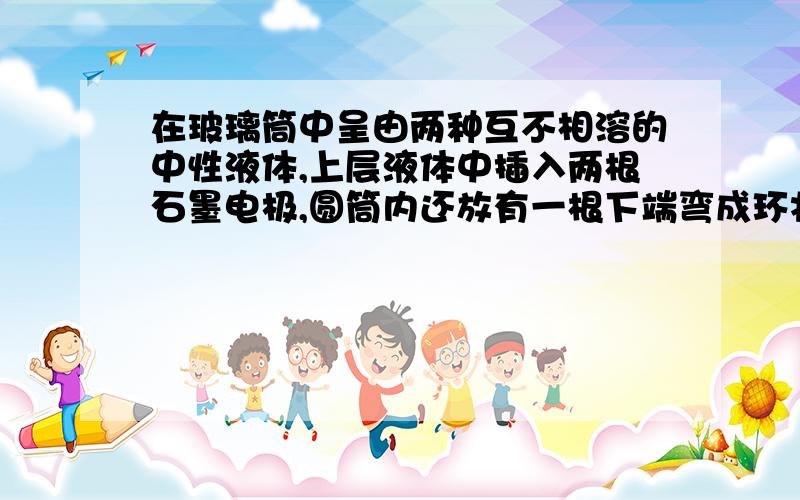 在玻璃筒中呈由两种互不相溶的中性液体,上层液体中插入两根石墨电极,圆筒内还放有一根下端弯成环状的玻璃搅棒,可以上下搅动液