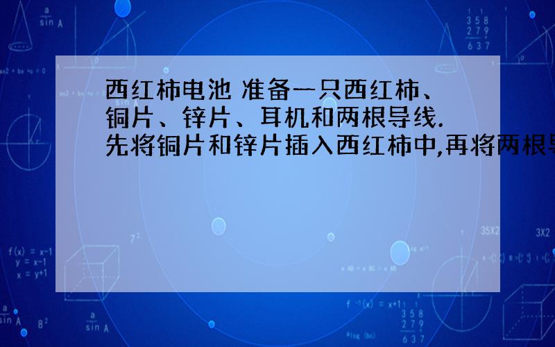 西红柿电池 准备一只西红柿、铜片、锌片、耳机和两根导线.先将铜片和锌片插入西红柿中,再将两根导线分别与耳机的两个接脚相连