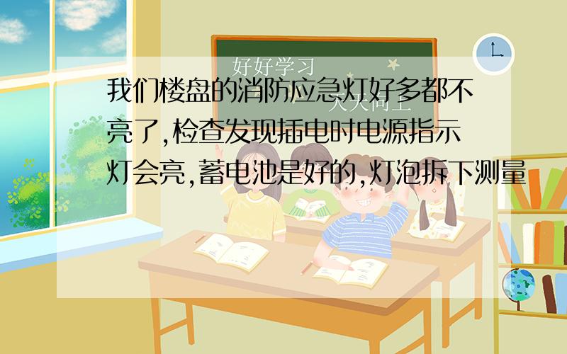 我们楼盘的消防应急灯好多都不亮了,检查发现插电时电源指示灯会亮,蓄电池是好的,灯泡拆下测量