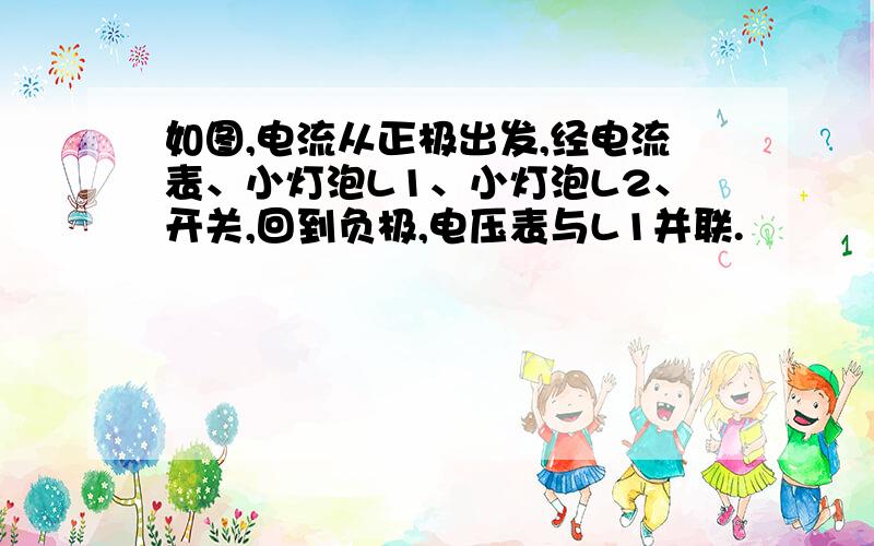 如图,电流从正极出发,经电流表、小灯泡L1、小灯泡L2、开关,回到负极,电压表与L1并联.