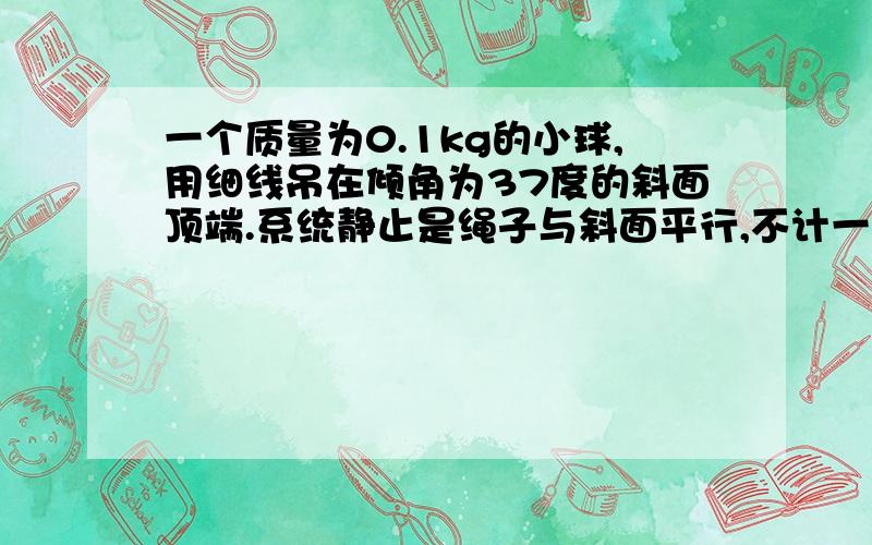 一个质量为0.1kg的小球,用细线吊在倾角为37度的斜面顶端.系统静止是绳子与斜面平行,不计一切摩擦,系统向有加速运动,