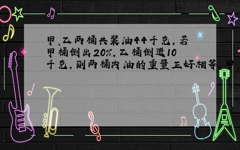 甲、乙两桶共装油44千克，若甲桶倒出20%，乙桶倒进10千克，则两桶内油的重量正好相等，甲、乙两桶原来各装油多少千克？