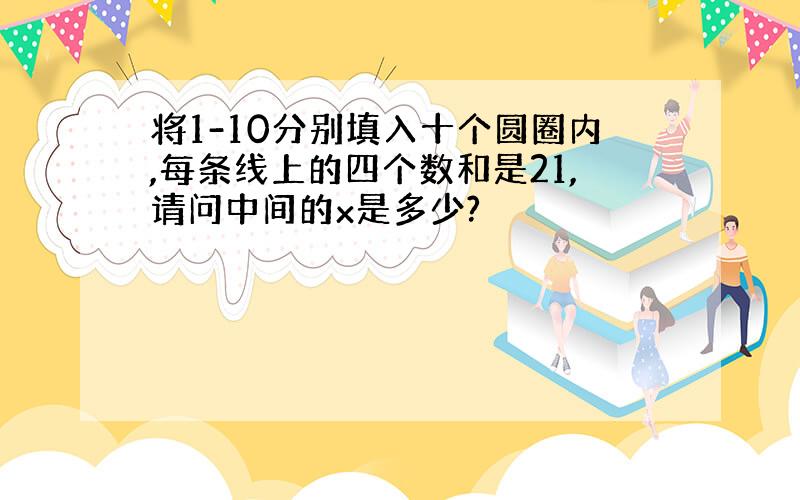 将1-10分别填入十个圆圈内,每条线上的四个数和是21,请问中间的x是多少?