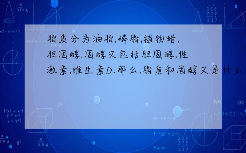 脂质分为油脂,磷脂,植物蜡,胆固醇.固醇又包括胆固醇,性激素,维生素D.那么,脂质和固醇又是什么关系?