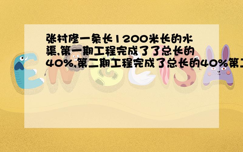 张村修一条长1200米长的水渠,第一期工程完成了了总长的40%,第二期工程完成了总长的40%第二期工程完成36%