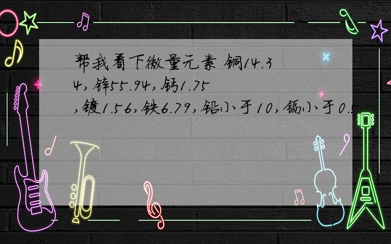 帮我看下微量元素 铜14.34,锌55.94,钙1.75,镁1.56,铁6.79,铅小于10,镉小于0.5