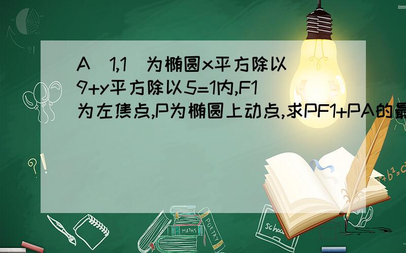 A（1,1）为椭圆x平方除以9+y平方除以5=1内,F1为左焦点,P为椭圆上动点,求PF1+PA的最大值和最小值.