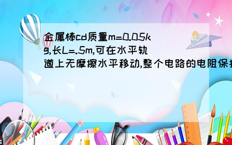 金属棒cd质量m=0.05kg,长L=.5m,可在水平轨道上无摩擦水平移动,整个电路的电阻保持不变R=0.2Ω,匀强磁场