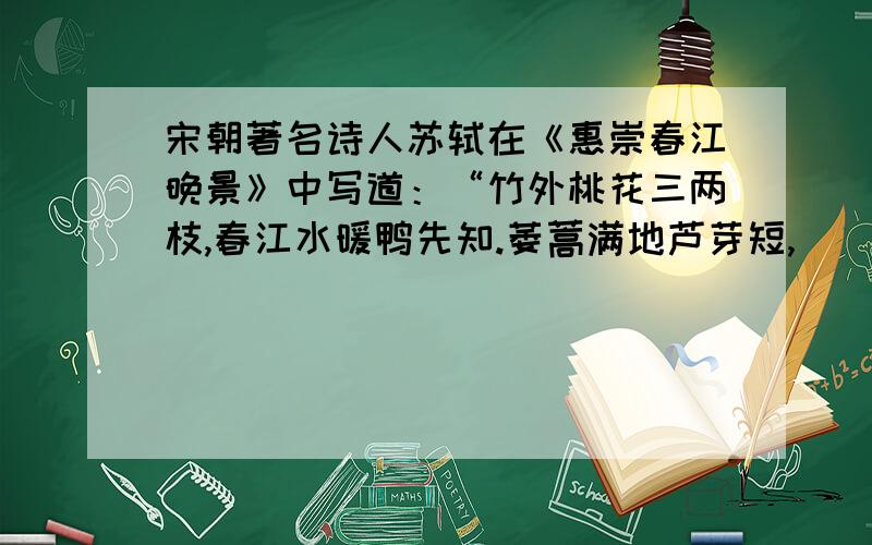 宋朝著名诗人苏轼在《惠崇春江晚景》中写道：“竹外桃花三两枝,春江水暖鸭先知.萎蒿满地芦芽短,