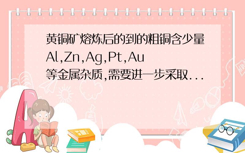 黄铜矿熔炼后的到的粗铜含少量Al,Zn,Ag,Pt,Au等金属杂质,需要进一步采取...