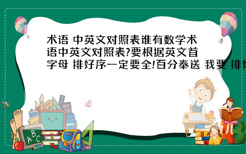 术语 中英文对照表谁有数学术语中英文对照表?要根据英文首字母 排好序一定要全!百分奉送 我要 排好序 的 2楼的兄弟 如