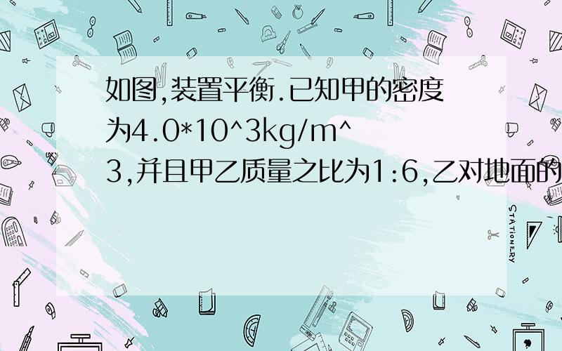 如图,装置平衡.已知甲的密度为4.0*10^3kg/m^3,并且甲乙质量之比为1:6,乙对地面的压强为P,若将甲浸没在水