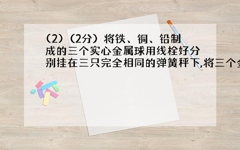 (2)（2分）将铁、铜、铅制成的三个实心金属球用线栓好分别挂在三只完全相同的弹簧秤下,将三个金属球沉入