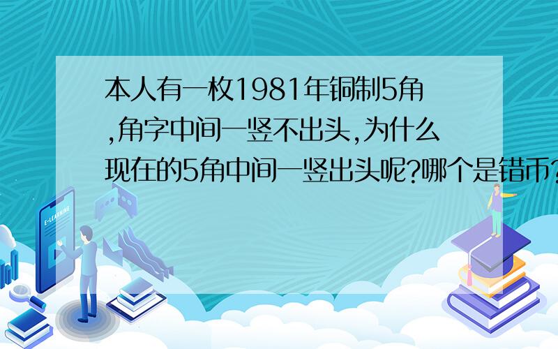 本人有一枚1981年铜制5角,角字中间一竖不出头,为什么现在的5角中间一竖出头呢?哪个是错币?