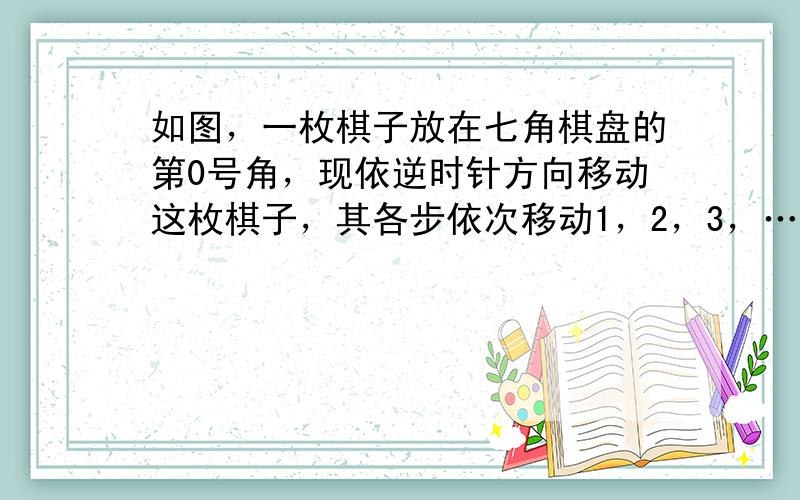 如图，一枚棋子放在七角棋盘的第0号角，现依逆时针方向移动这枚棋子，其各步依次移动1，2，3，…，n个角，如第一步从0号角