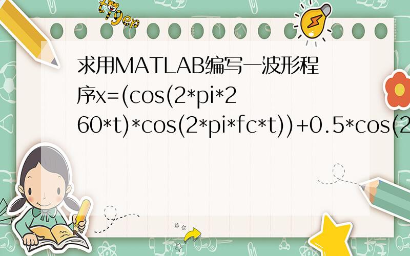 求用MATLAB编写一波形程序x=(cos(2*pi*260*t)*cos(2*pi*fc*t))+0.5*cos(2*