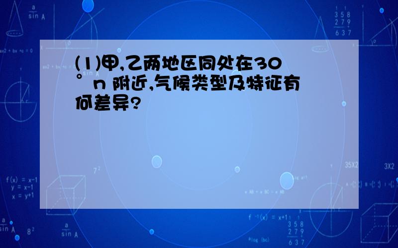 (1)甲,乙两地区同处在30°n 附近,气候类型及特征有何差异?