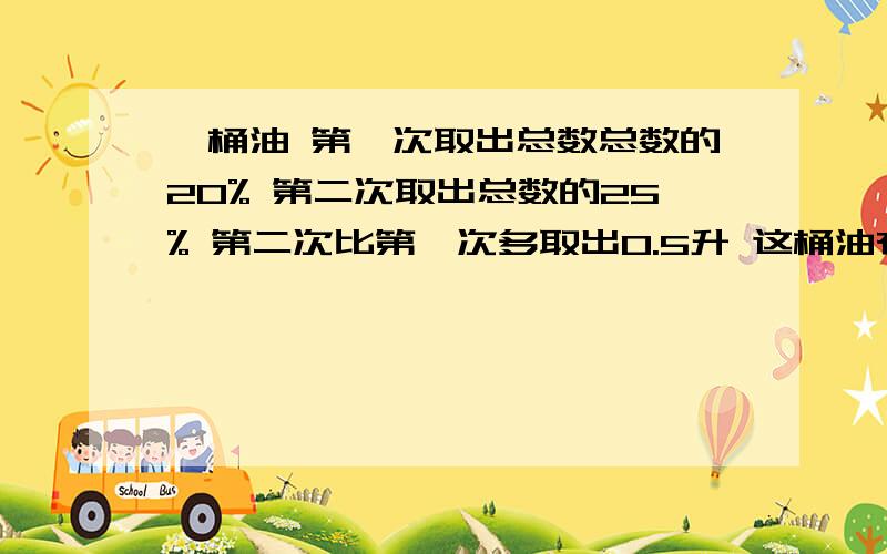 一桶油 第一次取出总数总数的20% 第二次取出总数的25% 第二次比第一次多取出0.5升 这桶油有多少升