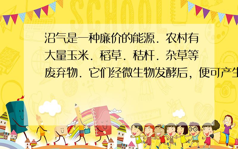 沼气是一种廉价的能源．农村有大量玉米．稻草．秸杆．杂草等废弃物．它们经微生物发酵后，便可产生沼气．用来烧水做饭，甚至发电