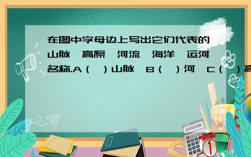 在图中字母边上写出它们代表的山脉、高原、河流、海洋、运河名称.A（ ）山脉,B（ ）河,C（ ）高原……