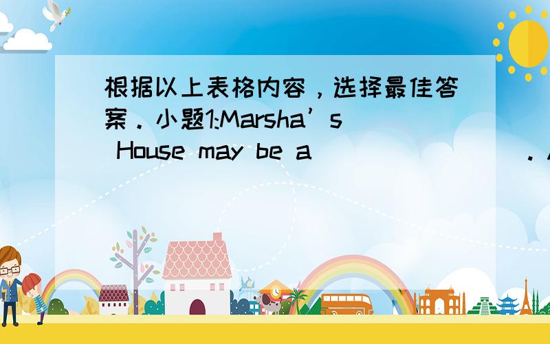 根据以上表格内容，选择最佳答案。小题1:Marsha’s House may be a ________. A．supe