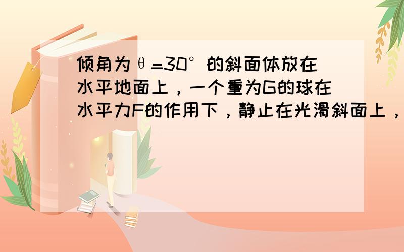 倾角为θ=30°的斜面体放在水平地面上，一个重为G的球在水平力F的作用下，静止在光滑斜面上，则水平力F的大小为 ___