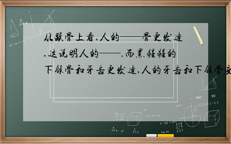 从头骨上看,人的——骨更发达,这说明人的——.而黑猩猩的下颌骨和牙齿更发达,人的牙齿和下颌骨变小,