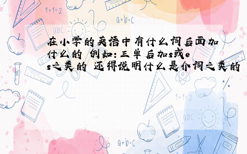 在小学的英语中有什么词后面加什么的 例如：三单后加s或es之类的 还得说明什么是介词之类的